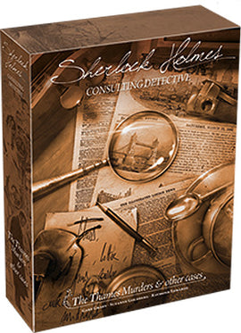 Sherlock Holmes Consulting Detective: The Thames Murders & Other Cases game box. The design features vintage detective tools like a magnifying glass, newspapers, and a quill, set against a sepia background, evoking a classic mystery theme.