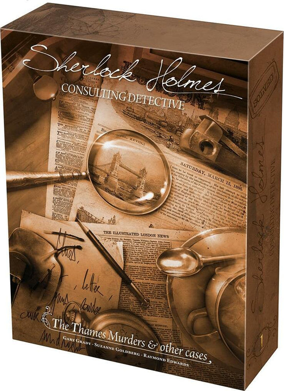 The box of the board game 'Sherlock Holmes Consulting Detective: The Thames Murders & Other Cases' by Asmodee. The box features a vintage design with images of newspapers, a magnifying glass, and a pipe, alluding to the theme of detective work. The title is prominently displayed, promising an immersive mystery-solving experience.