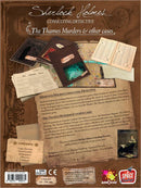 The back cover of the board game 'Sherlock Holmes Consulting Detective: The Thames Murders & Other Cases' by Asmodee. The image features a series of visual elements, including a map of London, content overview, and various case booklets. The design reflects a Victorian theme, showcasing detailed illustrations and a vintage style. The text provides information on the game mechanics and objectives, emphasizing its cooperative nature where players solve mysteries using deduction.