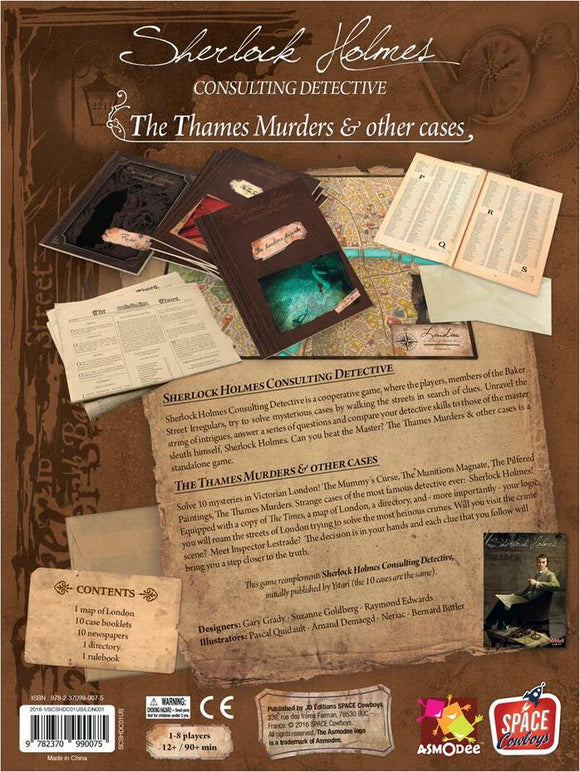 The back cover of the board game 'Sherlock Holmes Consulting Detective: The Thames Murders & Other Cases' by Asmodee. The image features a series of visual elements, including a map of London, content overview, and various case booklets. The design reflects a Victorian theme, showcasing detailed illustrations and a vintage style. The text provides information on the game mechanics and objectives, emphasizing its cooperative nature where players solve mysteries using deduction.