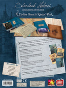 Back cover of the game 'Sherlock Holmes Consulting Detective: Carlton House & Queen's Park' by Asmodee. Features various documents, including maps, letters, and newspaper clippings, against a textured blue background. The title and game details are prominently displayed at the top.