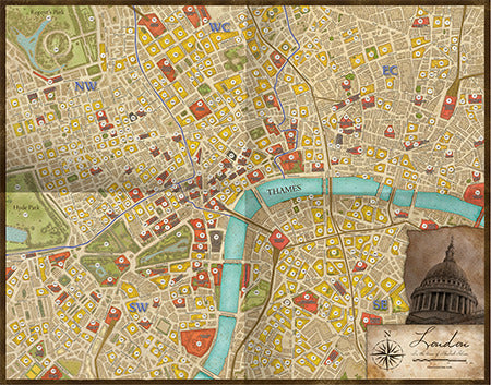 A vintage-style map of London featuring various districts and landmarks, including the Thames River and St. Paul's Cathedral. The map contains highlighted areas in yellow and red, indicating locations associated with Sherlock Holmes, enhancing the mystery-solving experience.
