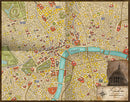 A vintage-style map of London featuring various districts and landmarks, including the Thames River and St. Paul's Cathedral. The map contains highlighted areas in yellow and red, indicating locations associated with Sherlock Holmes, enhancing the mystery-solving experience.