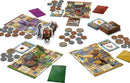 Sheriff of Nottingham 2nd Edition game by CMON, featuring colorful game boards, various character figures, coins, and cards. The setup includes distinctive bags for deceitful goods, presenting a vibrant game experience.