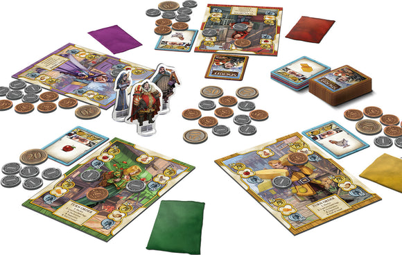 Sheriff of Nottingham 2nd Edition game by CMON, featuring colorful game boards, various character figures, coins, and cards. The setup includes distinctive bags for deceitful goods, presenting a vibrant game experience.