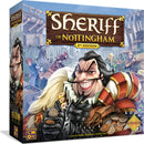 Sheriff of Nottingham 2nd Edition board game box by CMON, featuring colorful artwork of characters in a medieval market setting, with a humorous depiction of the Sheriff holding coins. The box highlights the game's engaging theme of deception and negotiation, suitable for family game nights.