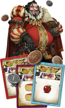 The Sheriff of Nottingham 2nd Edition board game by CMON features a lavishly dressed character, the Sheriff, with a stern expression. Surrounding him are various game cards displaying coins and items, showcasing the vibrant artwork and intricacies of gameplay. Coins appear in the Sheriff’s hand, adding to the game's thematic appeal.
