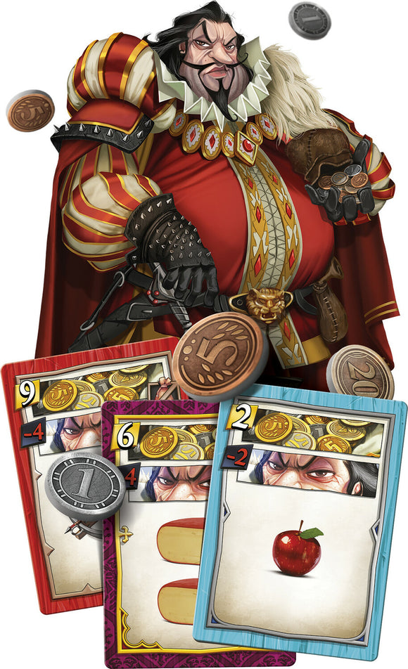 The Sheriff of Nottingham 2nd Edition board game by CMON features a lavishly dressed character, the Sheriff, with a stern expression. Surrounding him are various game cards displaying coins and items, showcasing the vibrant artwork and intricacies of gameplay. Coins appear in the Sheriff’s hand, adding to the game's thematic appeal.