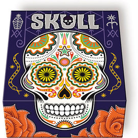 Colorful box of the game Skull by Asmodee, featuring an intricate design of a decorative skull with vibrant floral patterns and a dark background, ideal for family game nights and gatherings.