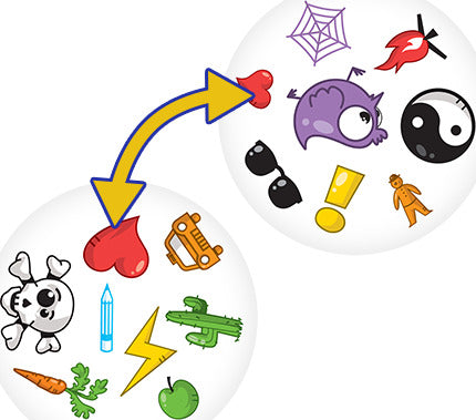 Spot it! Box game by Zygomatic featuring colorful illustrations of various objects, including a skull, carrot, spider web, and other playful symbols. The game involves quickly spotting matching images between cards, enhancing observation skills and reaction times in a fun, interactive way.