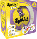 Spot it! Box by Zygomatic, featuring a vibrant design with a playful character and bold colors. The packaging highlights the game’s versatility, indicating it includes 5 mini-games suitable for ages 6 and up, accommodating 2 to 8 players. Descriptions of the games and visual clues like clocks and animals are displayed on the box.
