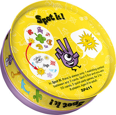 Spot it! Box from Zygomatic, featuring a colorful tin container with various illustrations and a playful design. The game includes 55 cards, offering quick party games for 2 to 8 players, designed for ages 6 and up. The objective is to spot matching symbols between two cards, ensuring hours of fun and engagement.