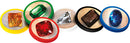 A vibrant display of various polished gemstone tokens used in the Splendor board game. The tokens include a yellow, green, red, black, blue, and clear gem, each encircled by a colored base, showcasing the game's emphasis on collecting and building a prosperous gem empire.