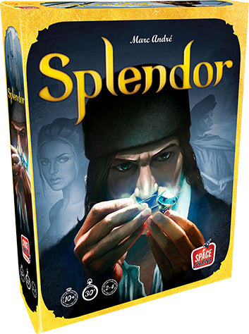 The game 'Splendor' by Asmodee features a striking box cover depicting a man examining a gemstone close to his face, surrounded by other characters in the background. The vibrant artwork highlights the theme of gem collecting and trading, with the title prominently displayed in ornate lettering.