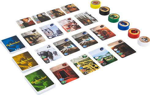 A flat lay of the Splendor board game by Asmodee. The image features an array of colorful game cards depicting various gem resources and noble tiles, alongside scoring tokens in different colors. The game layout is organized with various cards and tokens set in a strategic manner, inviting players to engage in this resource management and strategy game.