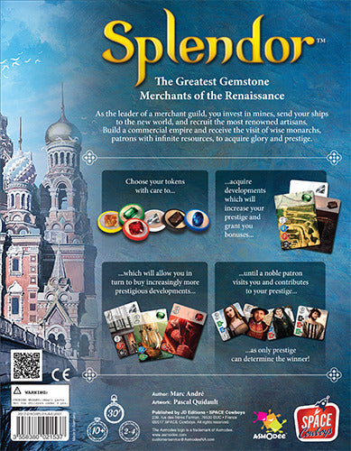 The back cover of the Splendor game by Asmodee, featuring vibrant artwork and detailed game instructions. The cover illustrates the game's theme of Renaissance gem merchants, showing colorful tokens, resources, and player interactions to acquire prestige and form alliances for glory. Key highlights include strategic gameplay mechanics, opportunities for development, and player competition.
