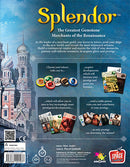 The back cover of the Splendor game by Asmodee, featuring vibrant artwork and detailed game instructions. The cover illustrates the game's theme of Renaissance gem merchants, showing colorful tokens, resources, and player interactions to acquire prestige and form alliances for glory. Key highlights include strategic gameplay mechanics, opportunities for development, and player competition.