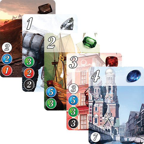 A collection of cards from the game Splendor by Asmodee, showcasing various illustrations and gem tokens. Each card features numbers indicating resources and victory points. The artistic designs reflect a theme of trade and strategy with rich colors and detailed imagery.