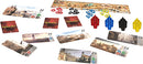 Image of the board game 'Splendor: Cities of Splendor' by Asmodee, featuring game cards, counters in various colors, and a game board displaying city landscapes and gems. The layout showcases strategic components for gameplay, including various cards with numbers and icons representing resources.