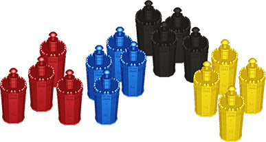 A colorful assortment of game tokens in four different colors: red, blue, black, and yellow. The tokens are designed as castle towers and are neatly arranged in two rows, showcasing their unique shapes and vibrant hues. Perfect for enhancing your board gaming experience.