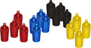A colorful assortment of game tokens in four different colors: red, blue, black, and yellow. The tokens are designed as castle towers and are neatly arranged in two rows, showcasing their unique shapes and vibrant hues. Perfect for enhancing your board gaming experience.
