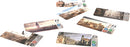 An assortment of game cards from 'Splendor: Cities of Splendor' featuring beautiful illustrations of European city skylines and landmarks. Each card is numbered, with some showcasing iconic structures and scenic views, designed for strategic gameplay.