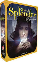 The game 'Cities of Splendor' by Asmodee, featuring a beautifully illustrated box cover showing a regal woman adorned in a black dress, holding a sparkling gem. The box is gold and black, showcasing the title prominently with a backdrop of a city scene.