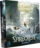 Everdell Spirecrest Expansion game box featuring whimsical artwork with forest creatures exploring a mystical landscape. The design includes intricate details of rocks, trees, and distant mountains under a cloudy sky. The title 'Everdell Spirecrest' is prominently displayed along with 'Second Edition'.