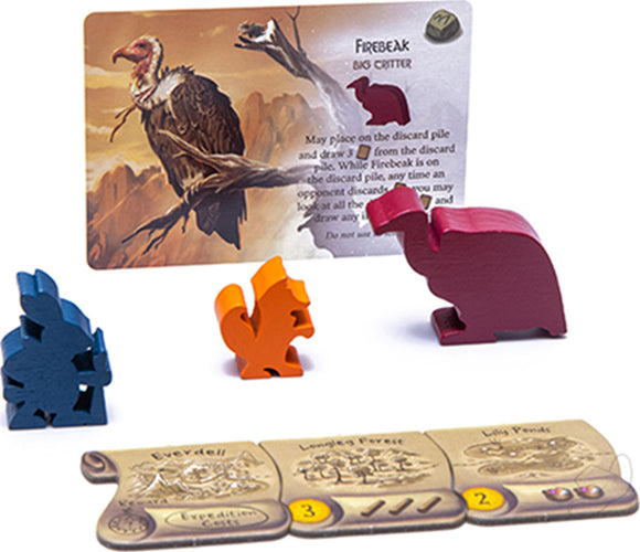 Everdell Spirecrest Expansion game components, including colorful wooden critter tokens like a red dinosaur and an orange squirrel, alongside an instruction card featuring a large bird and illustrations of two forest locations.