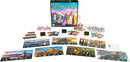 The game '7 Wonders' by Repos displayed with its box, game cards, tokens, and player boards spread out. The colorful box features a scenic illustration, evoking ancient civilizations and strategic gameplay. Ideal for social gatherings and family game nights, encouraging strategy and creativity.