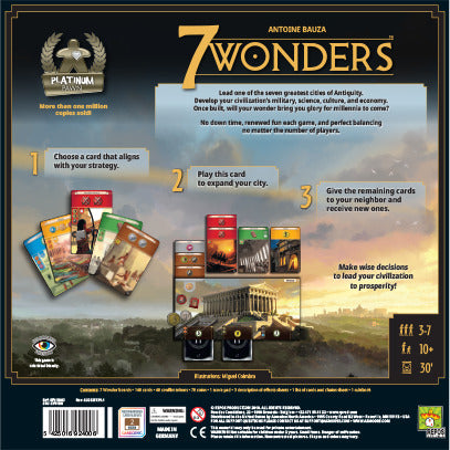 Back cover of the board game '7 Wonders' by Repos. The game features vibrant illustrations and details on how to play. Players can lead one of the seven great cities of Antiquity, focusing on strategy to expand their city through card selection. The packaging highlights the number of players, age recommendation, and playtime of approximately 30 minutes.