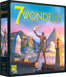 The box of the board game '7 Wonders' by Repos. The artwork features a dramatic landscape with ancient structures, including the Great Pyramid and the Colossus of Rhodes. The title '7 Wonders' is prominently displayed at the top in bold letters, with a vibrant color palette that captures the essence of historical civilizations.