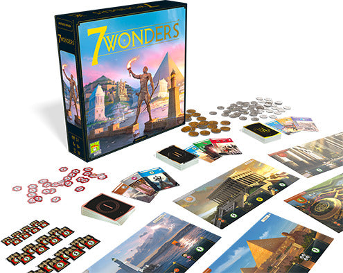 A vibrant display of the board game '7 Wonders' by Repos. The image features the game box prominently, surrounded by game components including coins, cards, and player boards, all set on a clean white background. The artwork on the box showcases ancient architecture, hinting at the strategic gameplay involving civilization building and resource management.