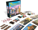 A vibrant display of the board game '7 Wonders' by Repos. The image features the game box prominently, surrounded by game components including coins, cards, and player boards, all set on a clean white background. The artwork on the box showcases ancient architecture, hinting at the strategic gameplay involving civilization building and resource management.