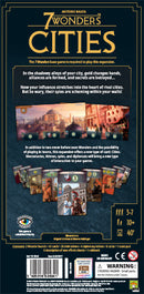 7 Wonders: Cities game box by Asmodee featuring artwork depicting urban landscapes and the text '7 Wonders: Cities'. The back of the box describes gameplay elements such as alliances, influence, and strategic decisions for 3-7 players, suitable for ages 10 and up.