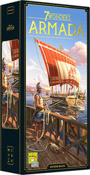 The box cover of the board game '7 Wonders: Armada' by Asmodee features a vibrant illustration of ancient sailors and ships on the sea. A soldier stands in the foreground, ready for adventure, while a large red and white sailboat is prominently displayed. The game's title is prominently featured in bold letters at the top.