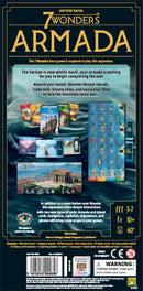 The 7 Wonders: Armada game by Asmodee showcases a vibrant and detailed box cover. The design features stunning artwork depicting ships, cities, and a battlefield. It highlights the game's strategic elements, with text emphasizing exploration, trade, and naval battles. The back of the box contains clear instructions and player information, showcasing the game's player range of 3-7, age recommendation of 10+, and an estimated playtime of 40 minutes.