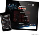 A digital image showcasing the Star Wars X-Wing Squad Builder app displayed on a tablet and smartphone, featuring an interface for squad management with various options and a visual of X-Wing and TIE fighter starships in the background.