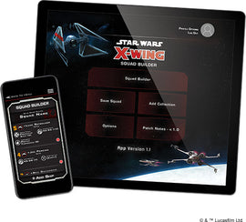 A digital image showcasing the Star Wars X-Wing Squad Builder app displayed on a tablet and smartphone, featuring an interface for squad management with various options and a visual of X-Wing and TIE fighter starships in the background.