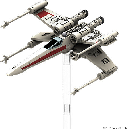 A detailed model of the iconic Star Wars X-Wing starfighter, featuring intricate designs and mounted on a clear stand. The X-Wing is shown in flight position, emphasizing its aerodynamic shape and distinctive markings, perfect for collectors and gamers alike.