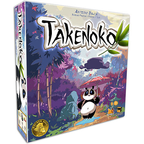 Takenoko board game box featuring a cute panda under a red umbrella in a colorful, lush garden setting. The design includes bamboo and vibrant foliage, emphasizing the playful theme of gardening and nurturing.