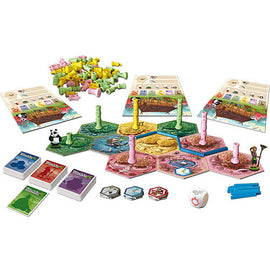 A colorful board game called Takenoko by Asmodee, featuring hexagonal game tiles, bamboo pieces, player tokens, and cards. The game includes a panda character and various resources set on a lush green background, designed for strategic gameplay. Perfect for family game nights.