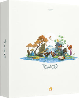 The Tokaido game box features vibrant artwork depicting a serene landscape with characters engaging in various activities along a river. The design showcases the game's theme of journey and exploration in Japan.