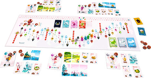 The Tokaido board game by Passport Game Studios displayed on a table. The game features a colorful game board with illustrated paths, character cards, and tokens. Various cards depict scenic landscapes and characters enjoying a journey, alongside scoring tokens and illustrations representing different elements of gameplay, creating an inviting and vibrant atmosphere.