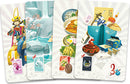 Tokaido game cards featuring vibrant illustrations. One card depicts a samurai beside a serene waterfall, while the others showcase various Japanese dishes, cultural items, and artistic elements, all set against a decorative background.