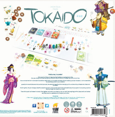 The Tokaido board game by Passport Game Studios, featuring vibrant artwork and game pieces laid out on a colorful game board. The back of the box includes instructions and illustrations of characters. It showcases an inviting travel theme, with various elements and tokens for gameplay, designed to engage players in a cultural journey.