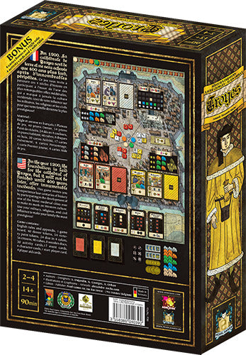 Troyes board game by Asmodee, featuring a detailed game board with colorful tokens, cards, and action spaces. The box displays illustrations of historical characters and gameplay mechanics, intended for 2-4 players aged 14 and up. Game length is approximately 90 minutes.