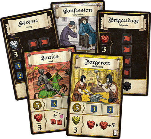 Four game cards from the board game Troyes by Asmodee, featuring colorful illustrations and text. The cards include 'Hérésie' (Heresy), 'Confession' (Confession), 'Brigandage' (Brigandage), and 'Joutes' (Jousts) showing different game mechanics and scoring elements. Each card displays dice icons and point values for gameplay.
