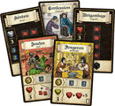 Four game cards from the board game Troyes by Asmodee, featuring colorful illustrations and text. The cards include 'Hérésie' (Heresy), 'Confession' (Confession), 'Brigandage' (Brigandage), and 'Joutes' (Jousts) showing different game mechanics and scoring elements. Each card displays dice icons and point values for gameplay.