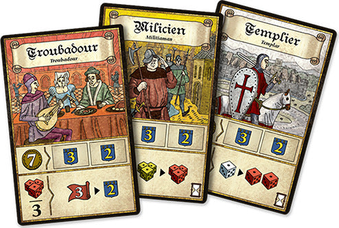 Three colorful game cards from the Asmodee game Troyes, featuring a Troubadour, a Milicien, and a Templier. Each card displays unique artwork with character illustrations and numbers at the bottom, indicating gameplay stats.